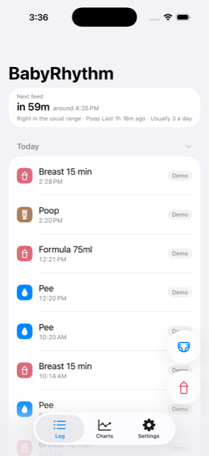 BabyRhythm log screen — time until the next feed, and today's entries